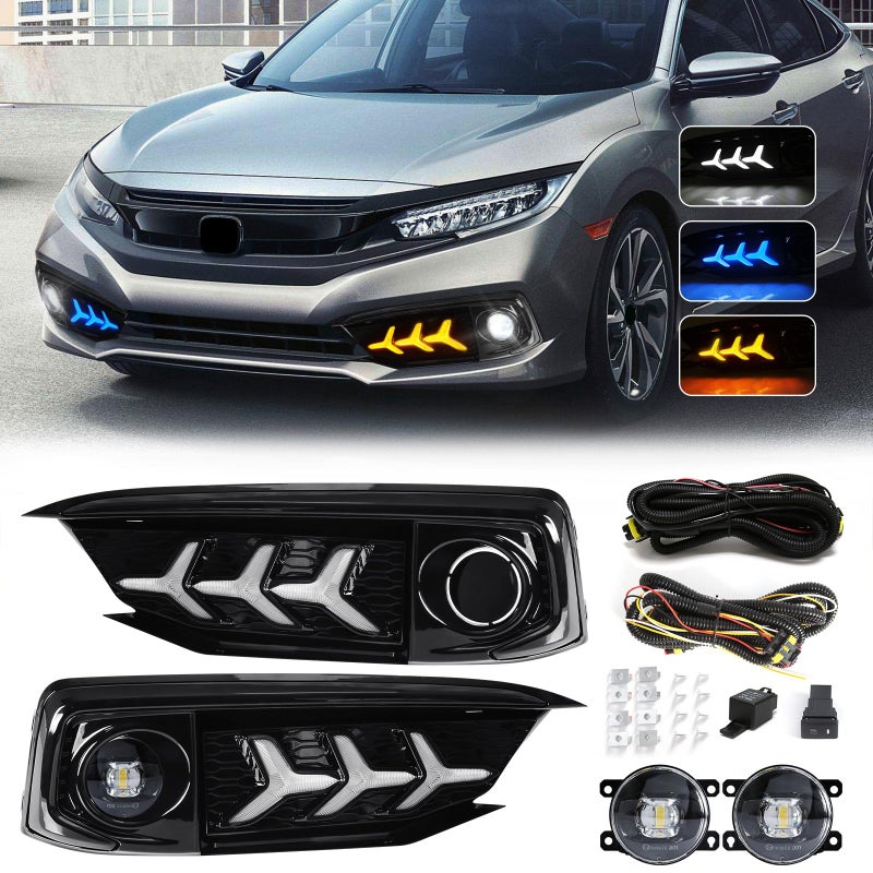 VGETTING Daytime Running Lights For Honda Civic 2019 2020 Fog Light Replacement TriColors DRL With LED Lamp Bulb Front Fog Light with Bezel